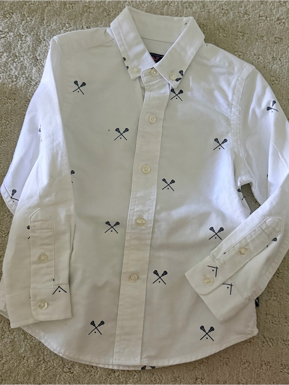 Boys White Button-Down Shirt with Navy Lacrosse Print Vineyard Vine 2T